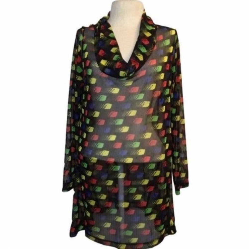 LONG SLEEVE SHEER TURTLENECK COLOR BLOCK TUNIC TOP Ladies Size Large